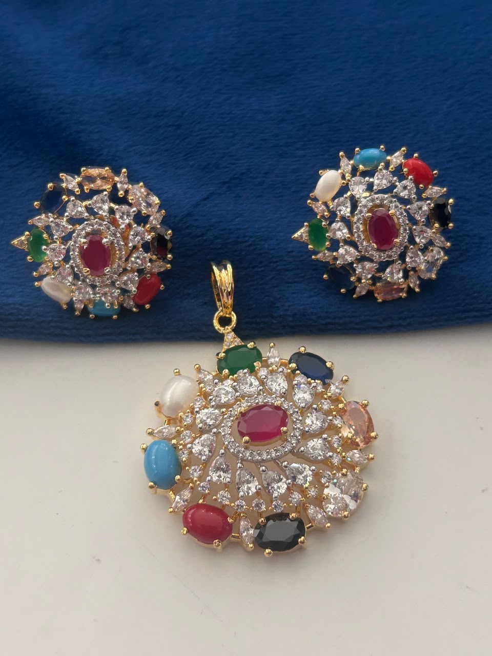 Navratna CZ Floral Pendant Set Jewelry