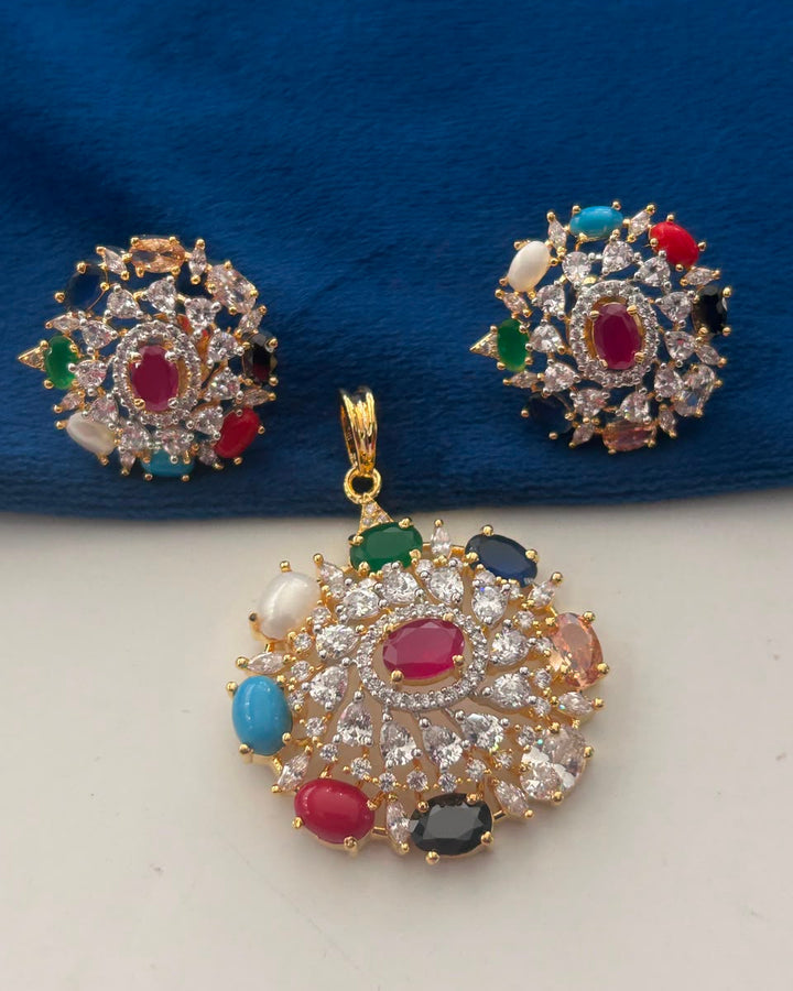 Navratna CZ Floral Pendant Set Jewelry