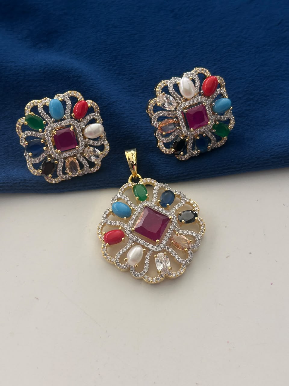 Arshi Navratna Radiance Floral Pendant Set | Gold-Plated CZ Jewelry