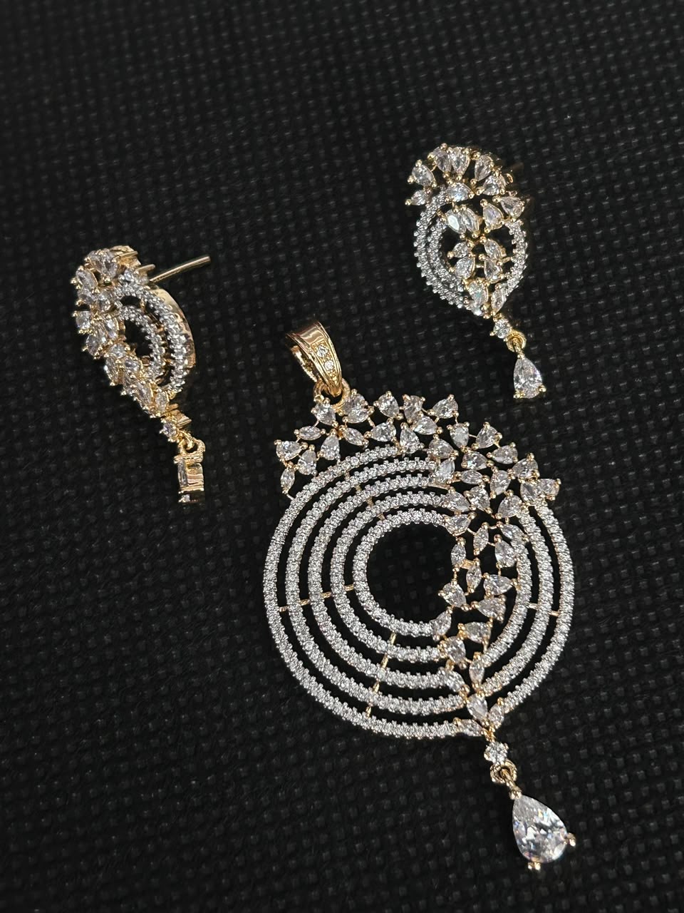 Radiant Halo Spiral CZ Pendant Set | Gold Finish Jewelry Set