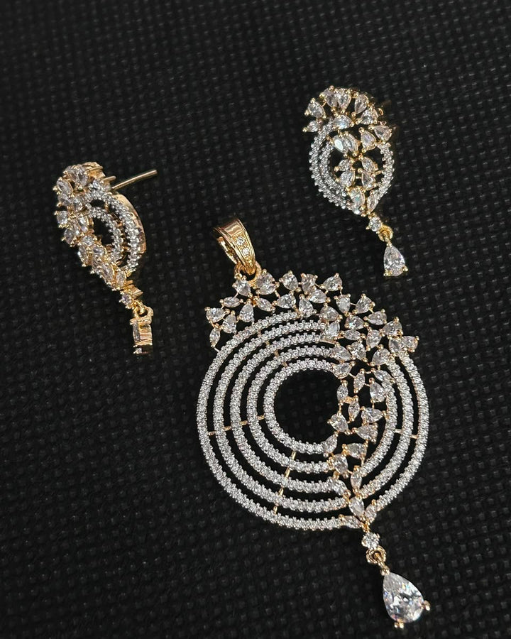 Radiant Halo Spiral CZ Pendant Set | Gold Finish Jewelry Set