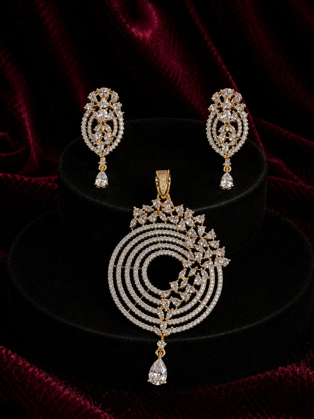 Radiant Halo Spiral CZ Pendant Set | Gold Finish Jewelry Set