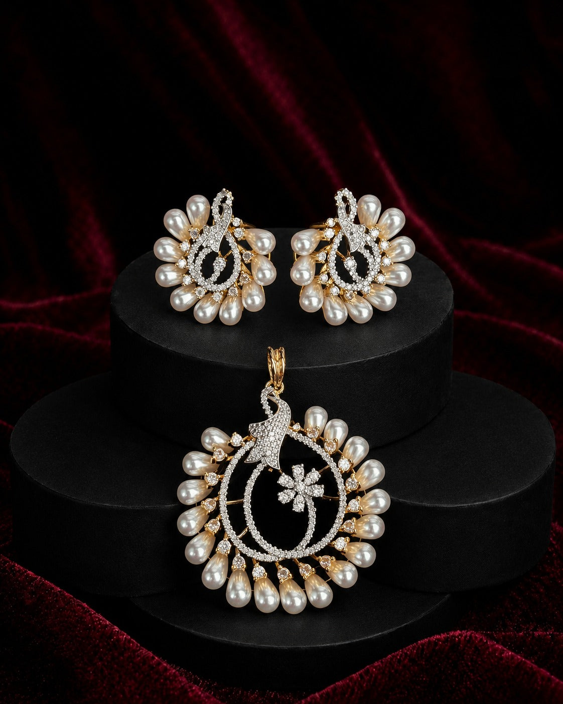 Mayurika Pearl Peacock Gold-Plated CZ Jewellery Pendant Set