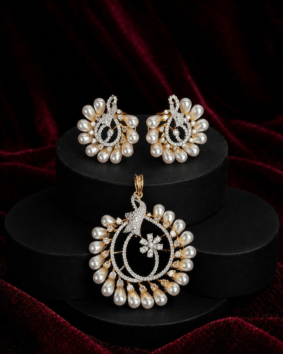 Mayurika Pearl Peacock Gold-Plated CZ Jewellery Pendant Set