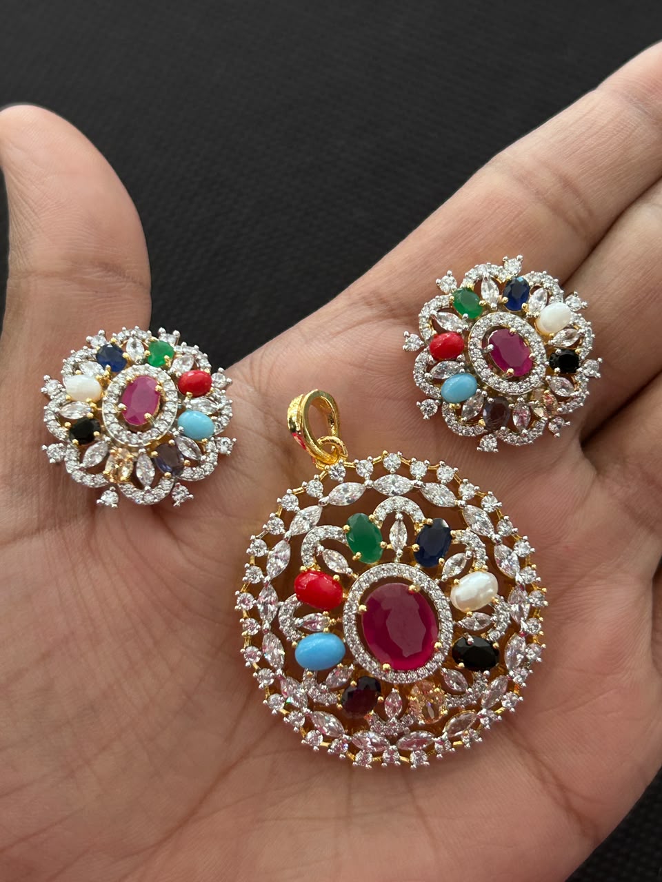 Navratna  Halo Pendant Set with Matching Earrings