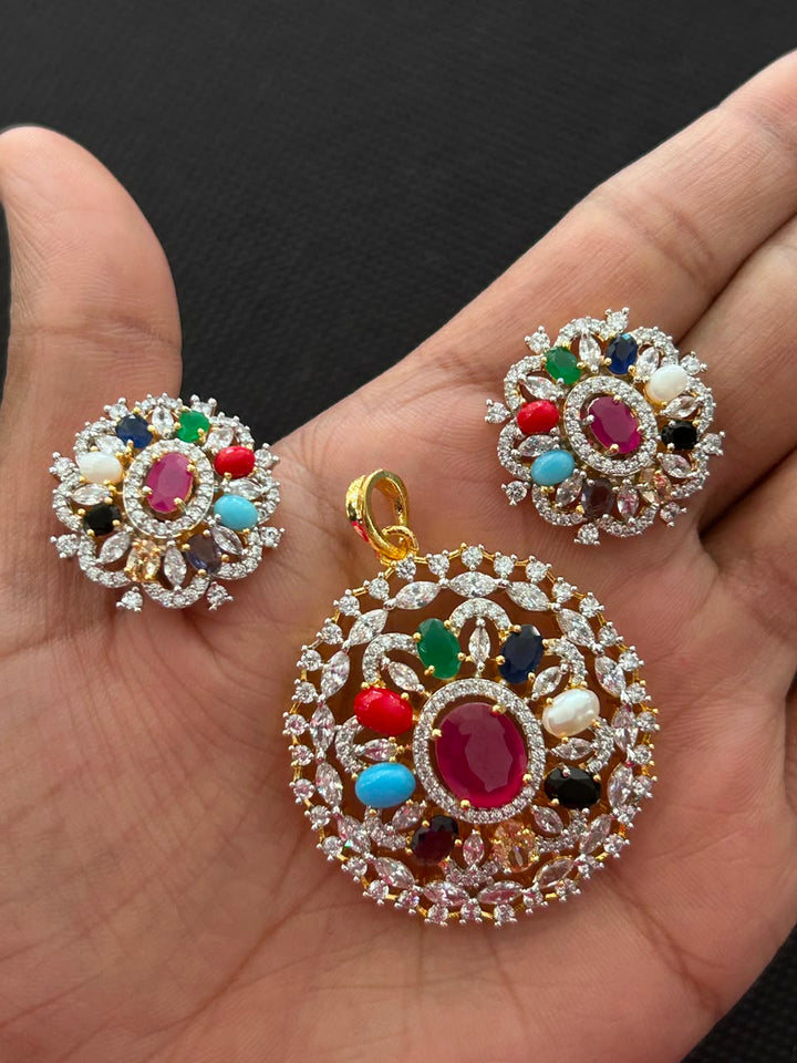 Navratna  Halo Pendant Set with Matching Earrings