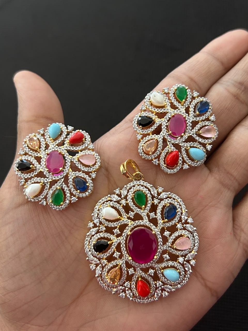 Navratna Arya  Halo Pendant Set with Matching Earrings