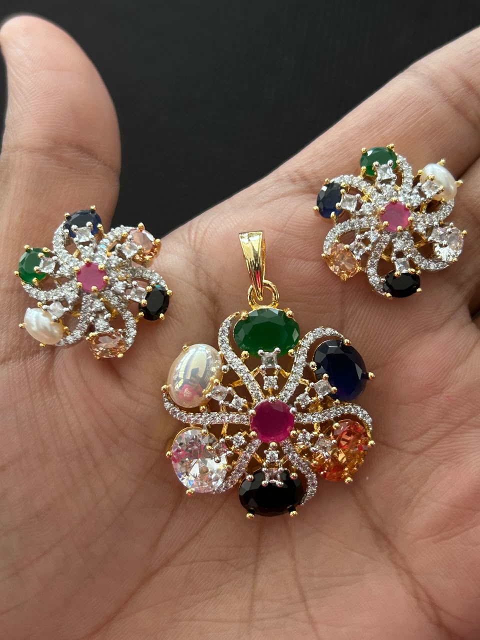 Navratna Blossom Multicolor American Diamond Pendant Set