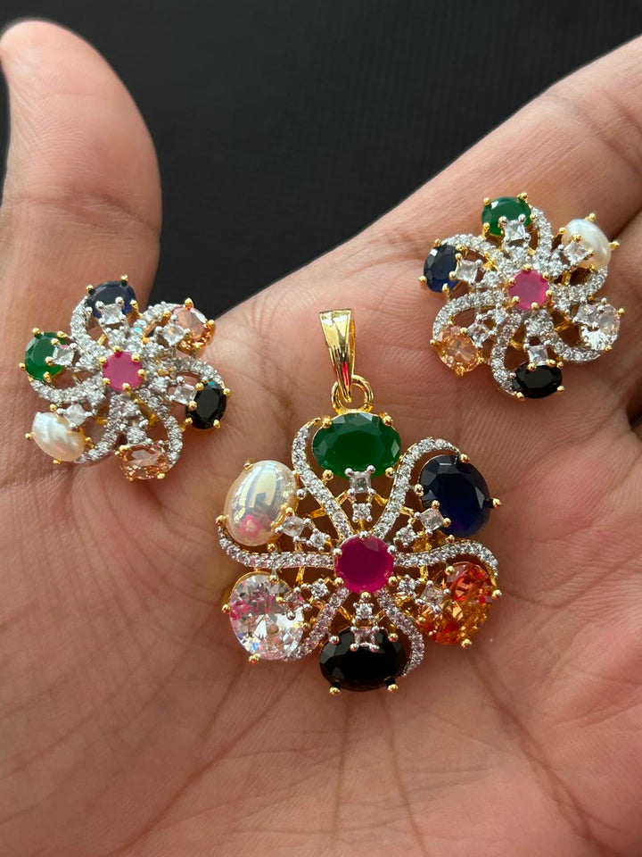 Navratna Blossom Multicolor American Diamond Pendant Set