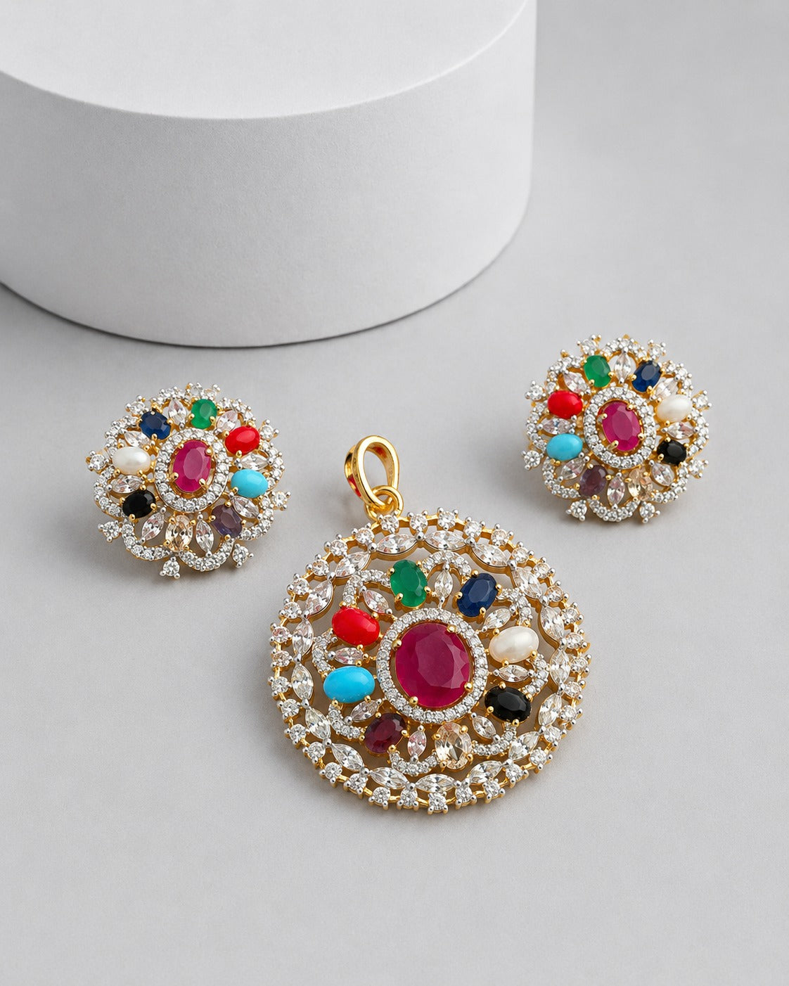 Navratna  Halo Pendant Set with Matching Earrings