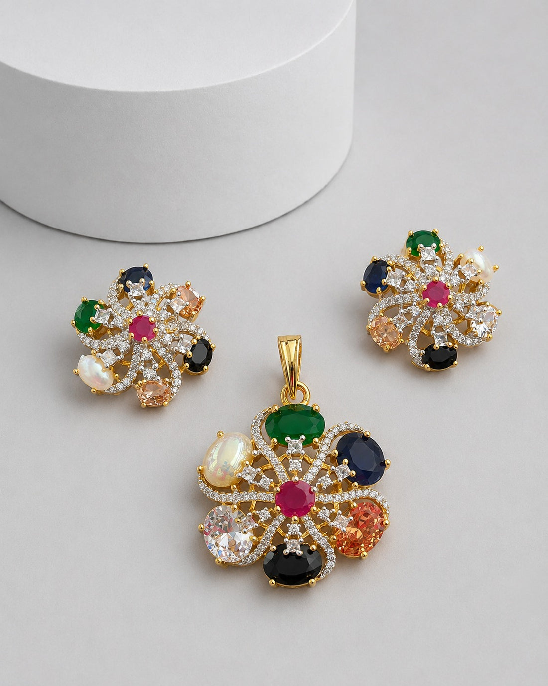 Navratna Blossom Multicolor American Diamond Pendant Set