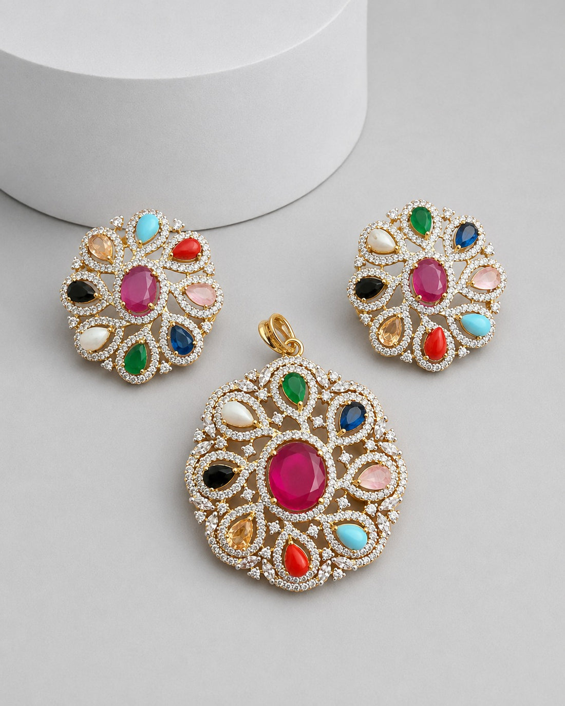Navratna Arya  Halo Pendant Set with Matching Earrings