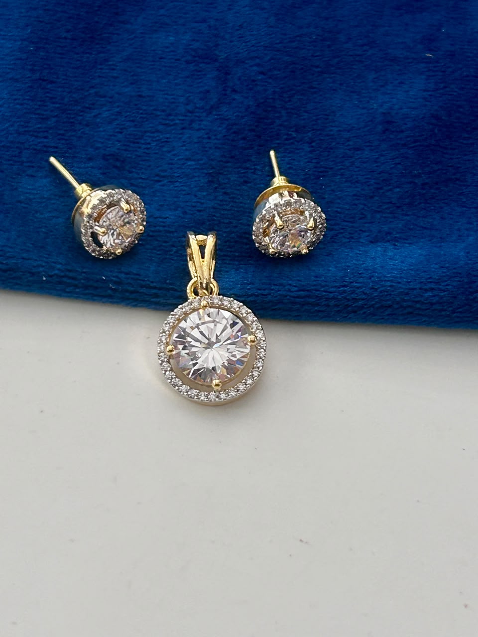 Round Halo Solitaire Pendant and Stud Earrings Set
