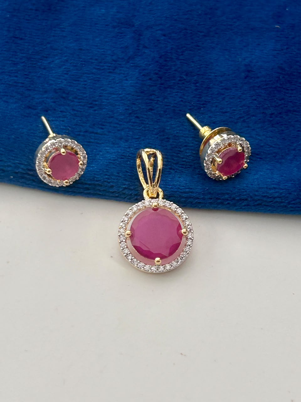 Round Halo Solitaire Pendant and Stud Earrings Set