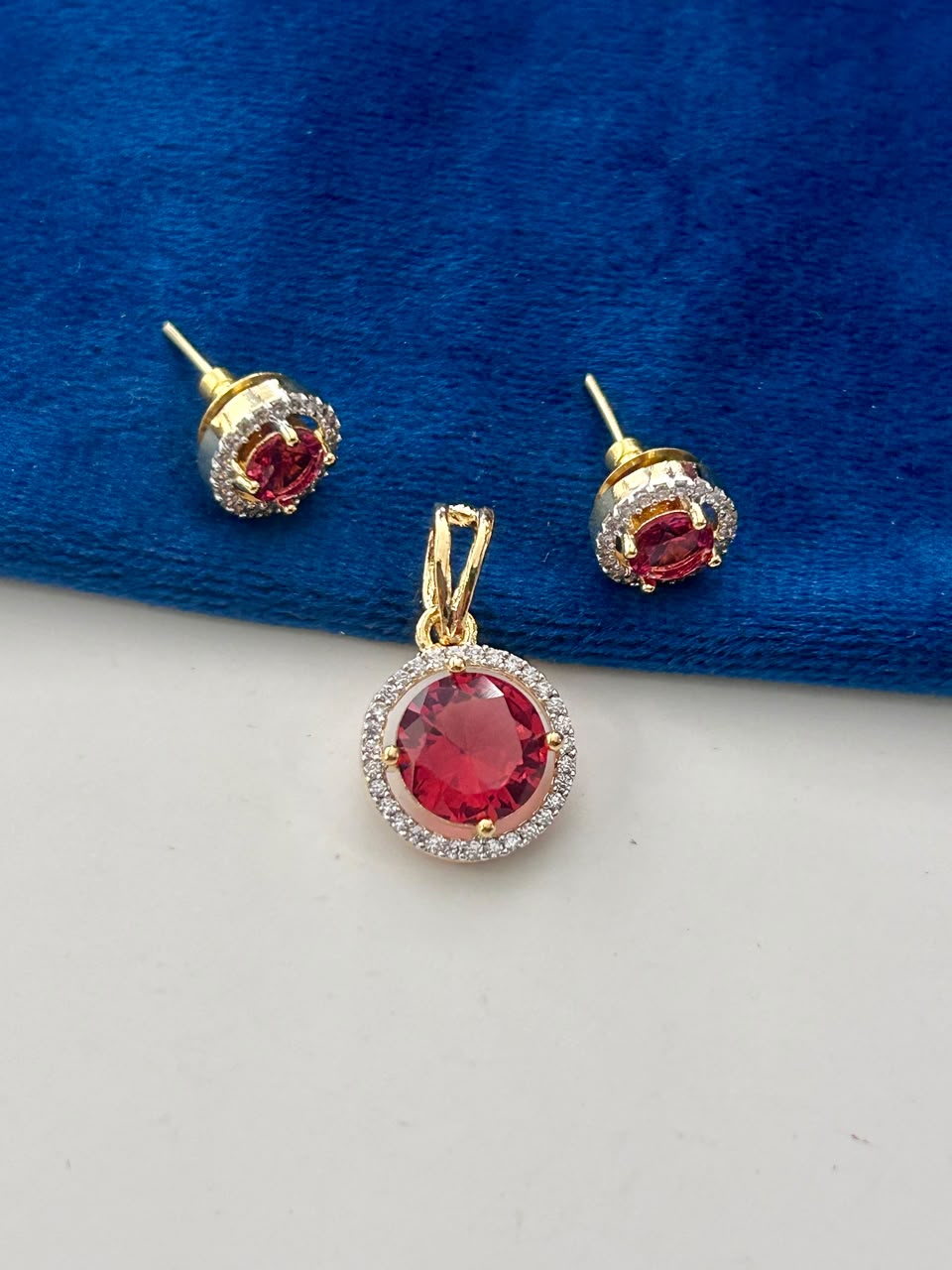 Round Halo Solitaire Pendant and Stud Earrings Set