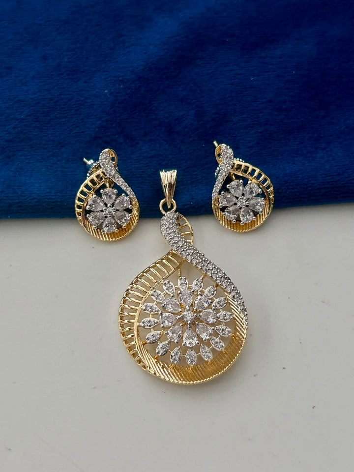 Vritika Dual Tone CZ Floral Pendant Set with Earrings