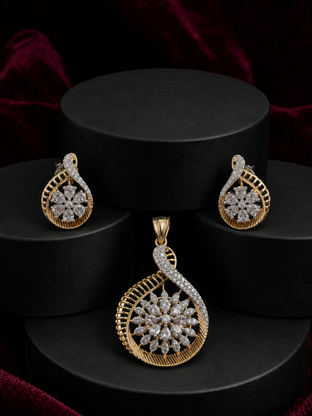 Vritika Dual Tone CZ Floral Pendant Set with Earrings