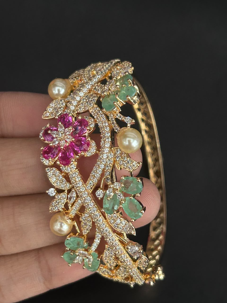 Gulbahar Ruby Emerald Pearl Openable Floral Bracelet