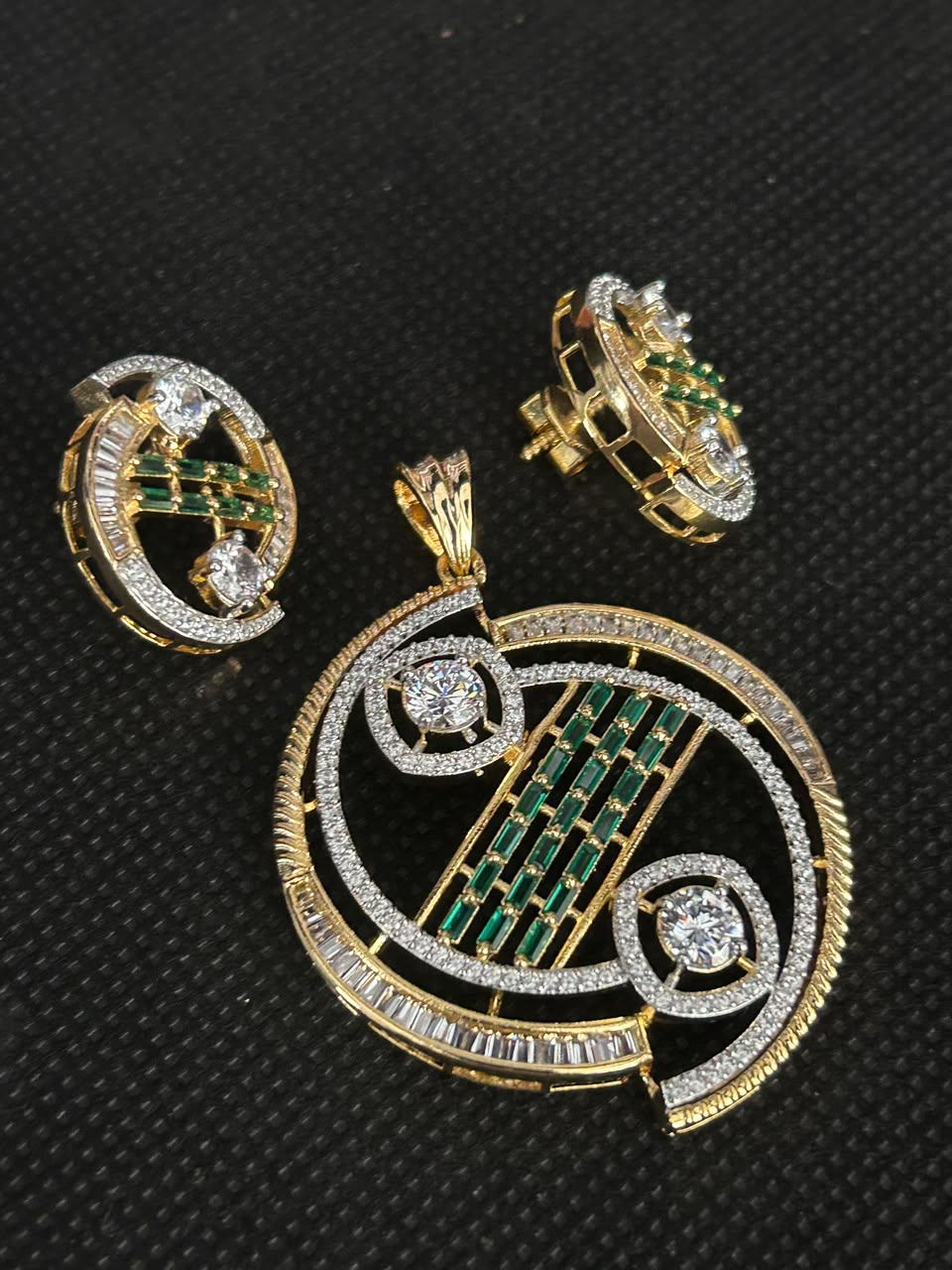 Green Stone Screw Back CZ Pendant Set