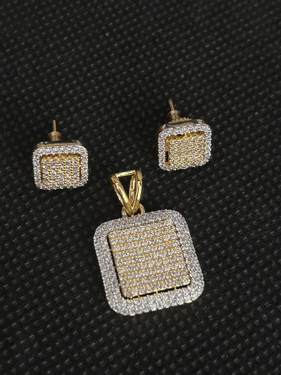 Screw Back Square CZ Diamond Pendant Set