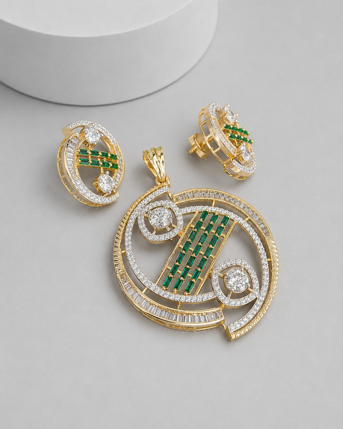 Green Stone Screw Back CZ Pendant Set