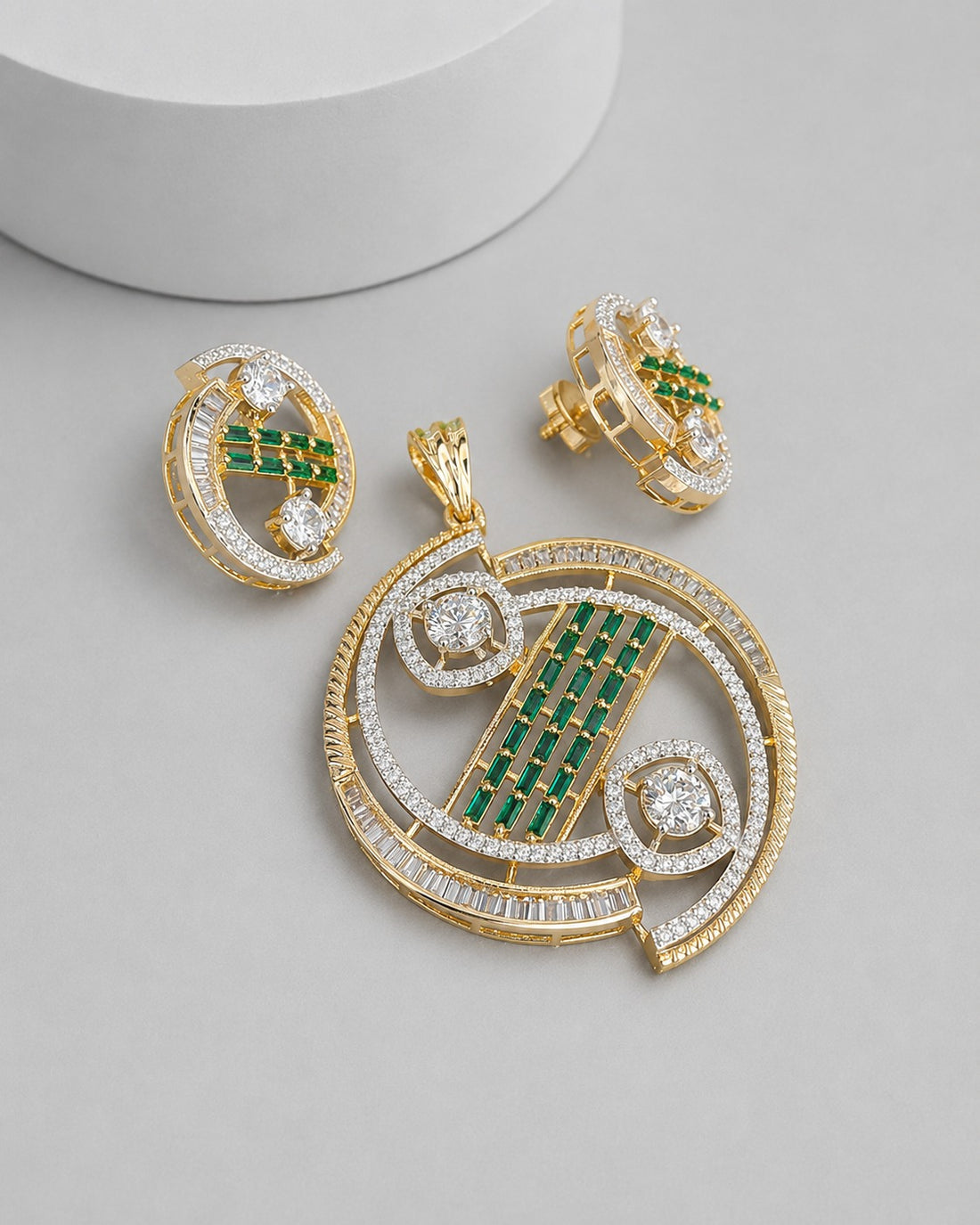 Green Stone Screw Back CZ Pendant Set