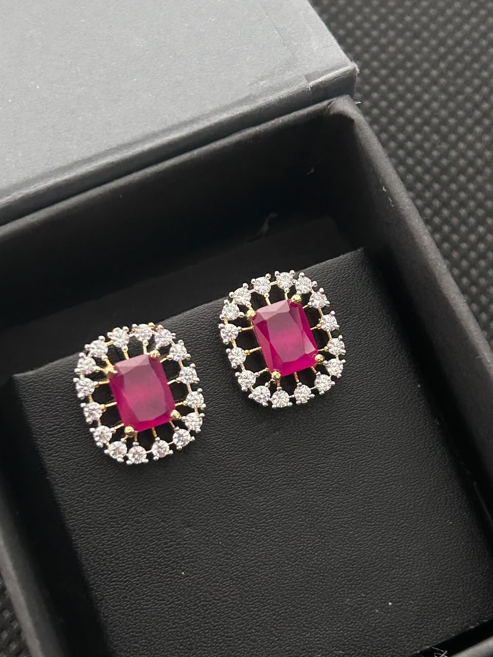 Elara Rectangle Diamond-Look Halo Stud Earrings – 3 Colours