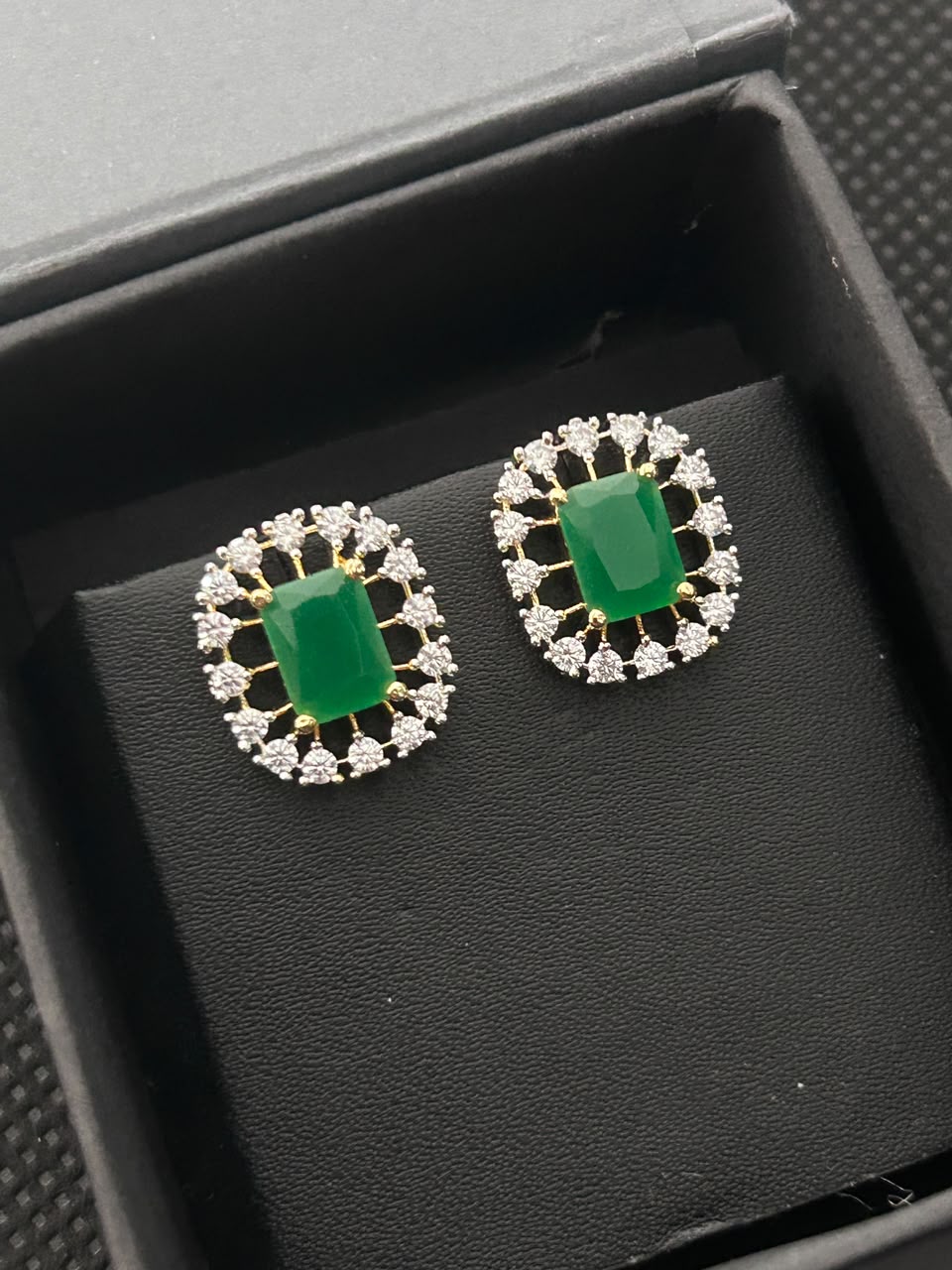 Elara Rectangle Diamond-Look Halo Stud Earrings – 3 Colours