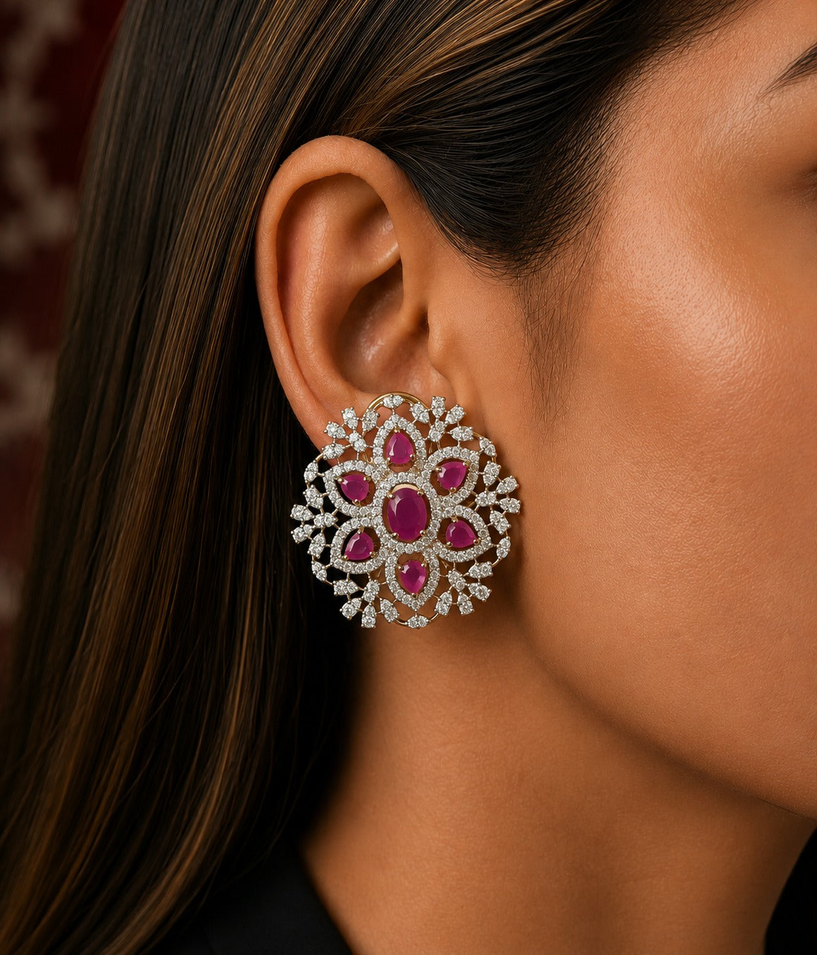 Ravina Diamond-Look Floral Statement Earrings – 4 Colours