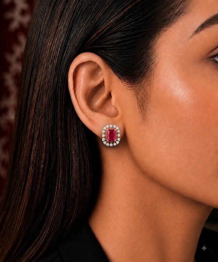 Elara Rectangle Diamond-Look Halo Stud Earrings – 3 Colours