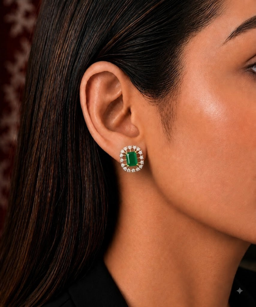 Elara Rectangle Diamond-Look Halo Stud Earrings – 3 Colours