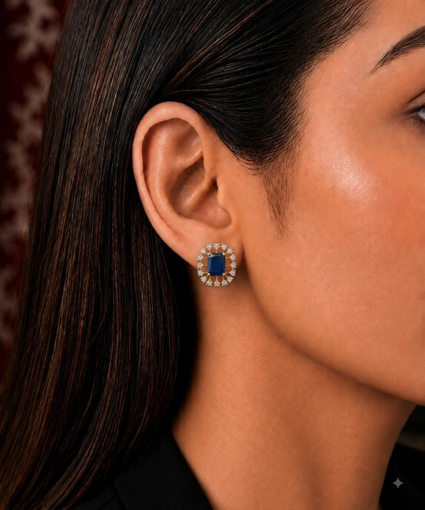 Elara Rectangle Diamond-Look Halo Stud Earrings – 3 Colours