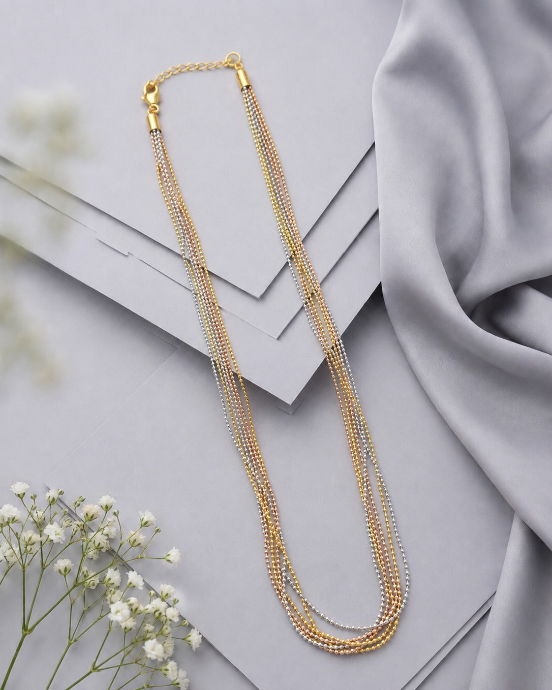 Three Tone Multi Layer Bead Chain Necklace | Gold Silver Parallel Chain for Women