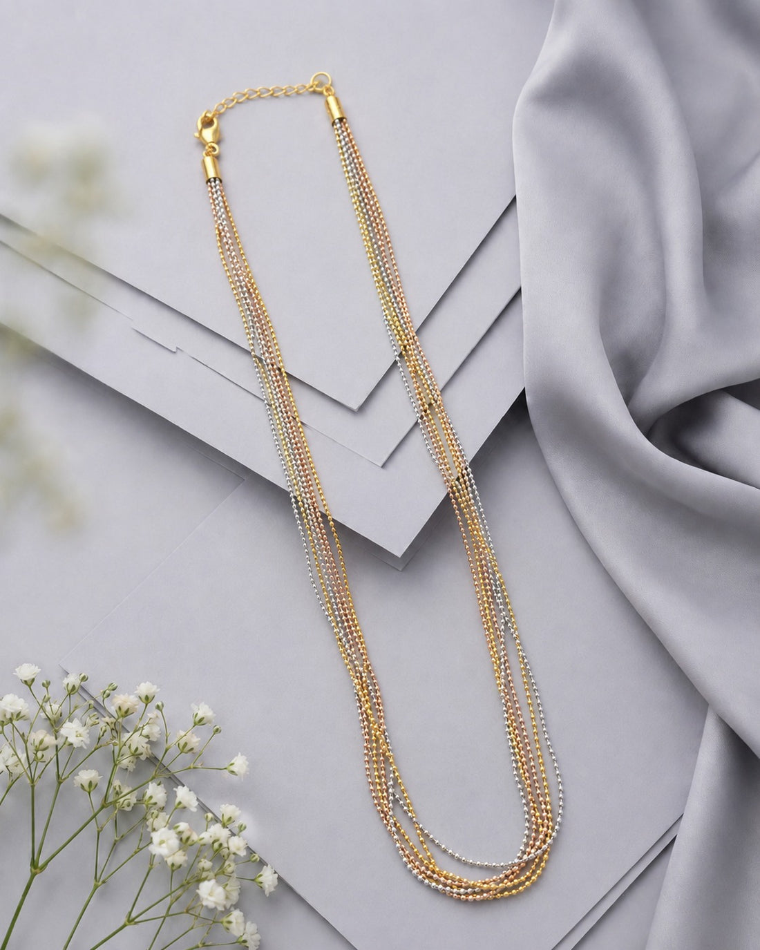 Three Tone Multi Layer Bead Chain Necklace | Gold Silver Parallel Chain for Women