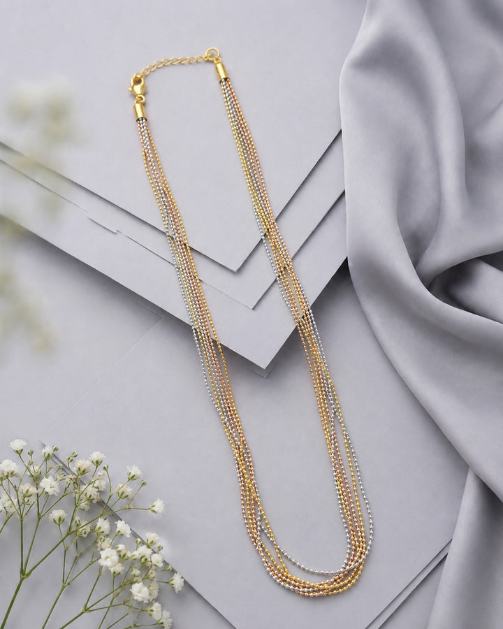 Three Tone Multi Layer Bead Chain Necklace | Gold Silver Parallel Chain for Women