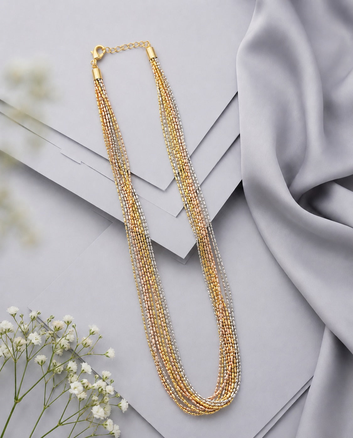 Luxe Dual - Triple Tone Multi Strand Beaded Chain 10 Line ( Gold & Silver Finish)