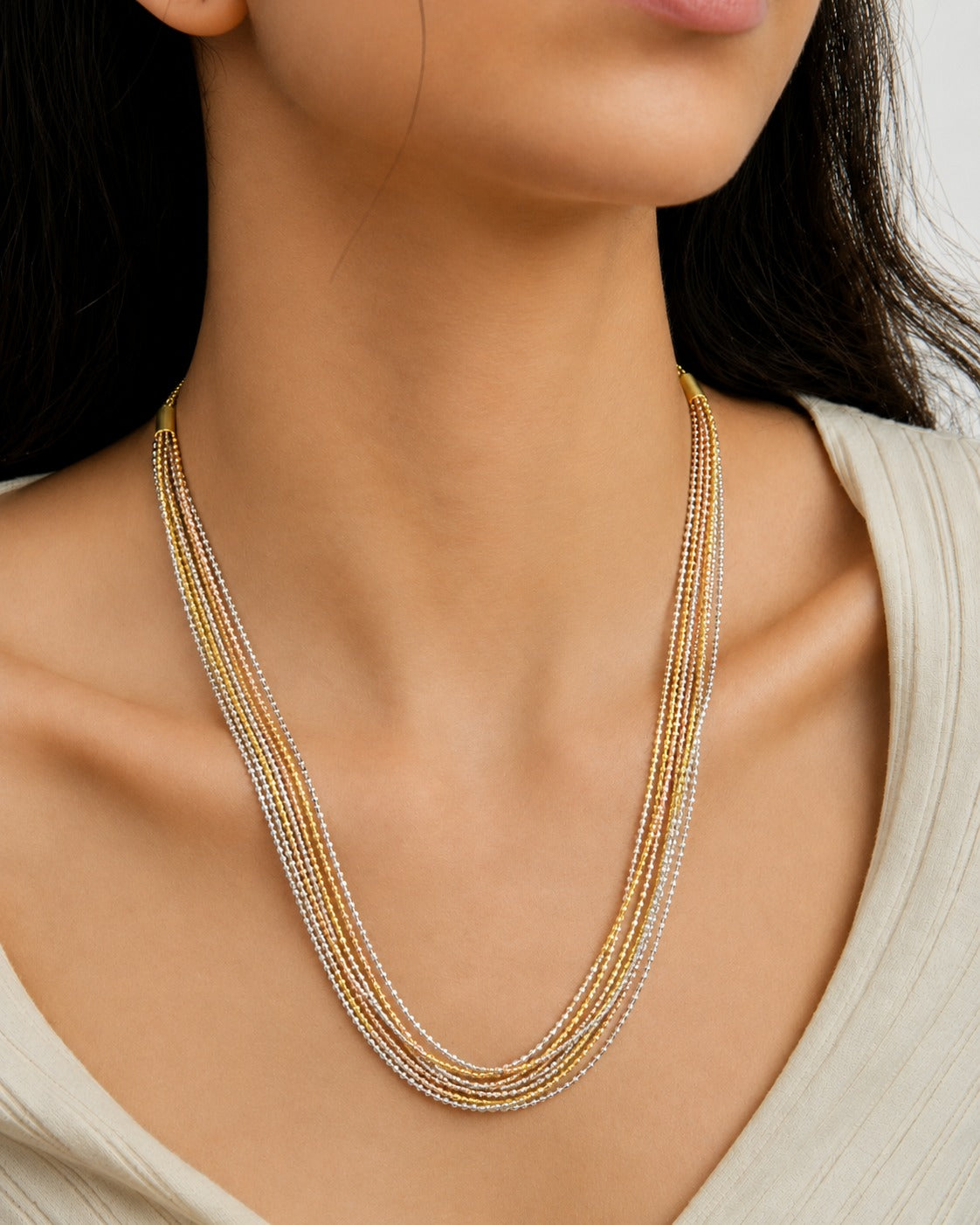 Three Tone Multi Layer Bead Chain Necklace | Gold Silver Parallel Chain for Women