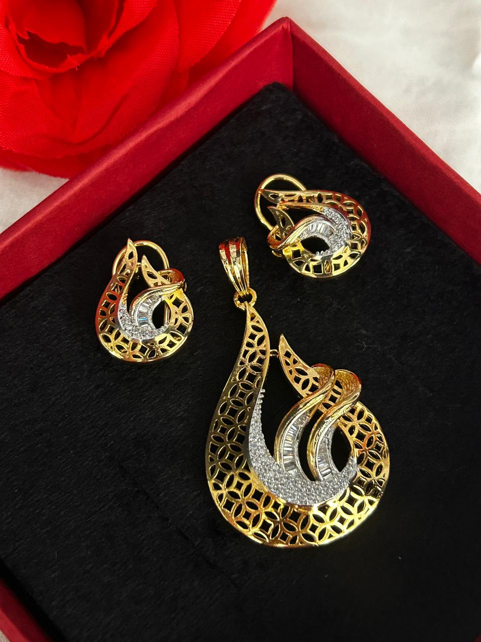 Anvesha Dual Tone CZ Peacock Pendant Set with Earrings