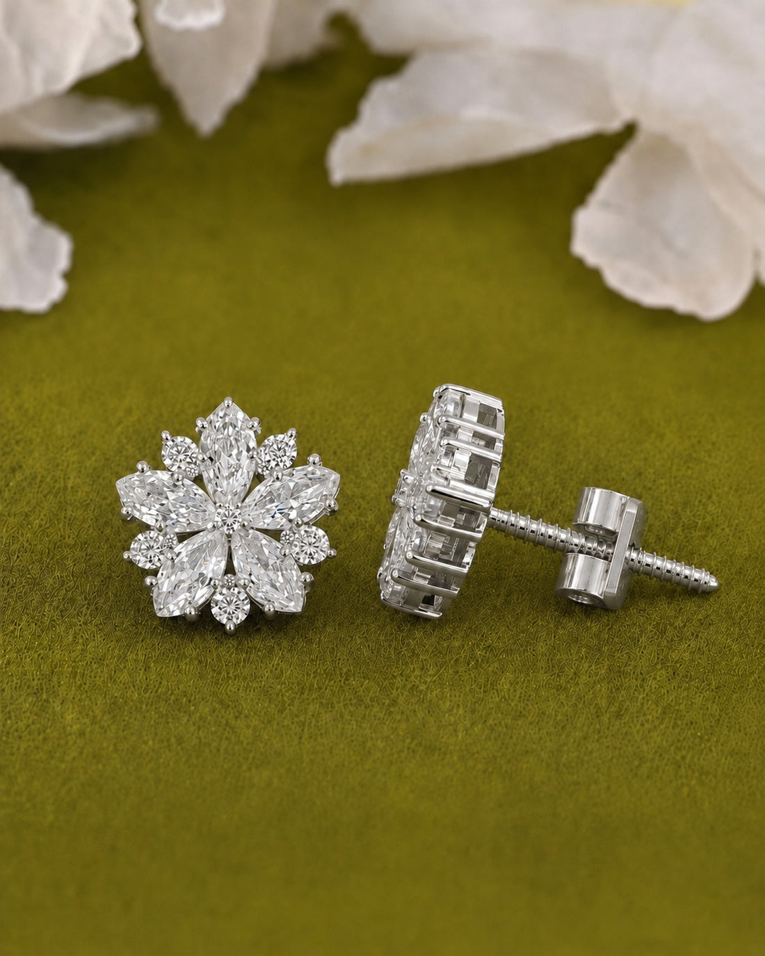 Vihana Floral Solitaire CZ Stud Earrings – Screw Back