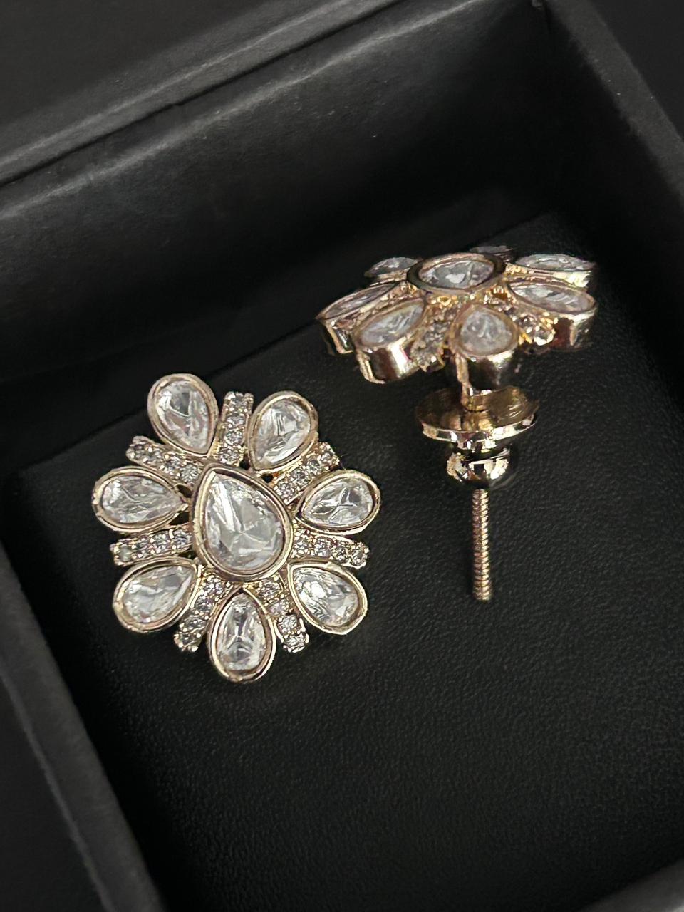 Ruhani Kundan Mossonite Floral Stud Earrings