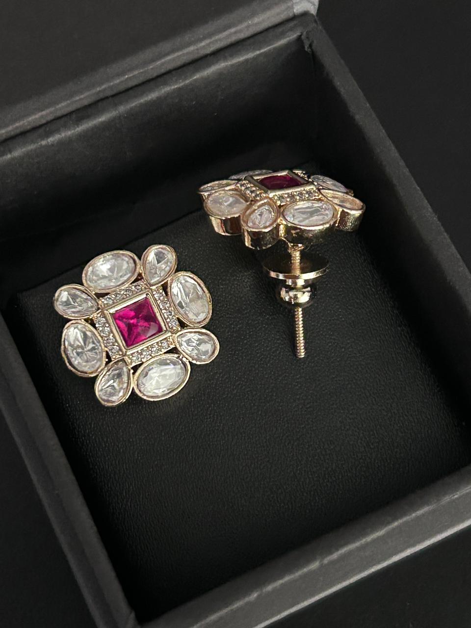 Aarvika Floral Kundan Mossaonite Stud Earrings