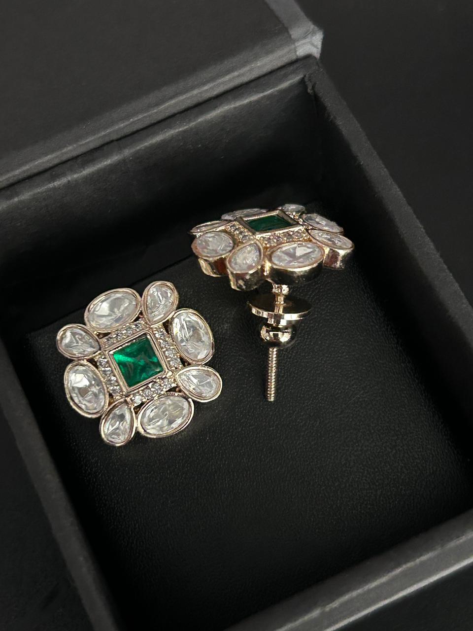 Aarvika Floral Kundan Mossaonite Stud Earrings