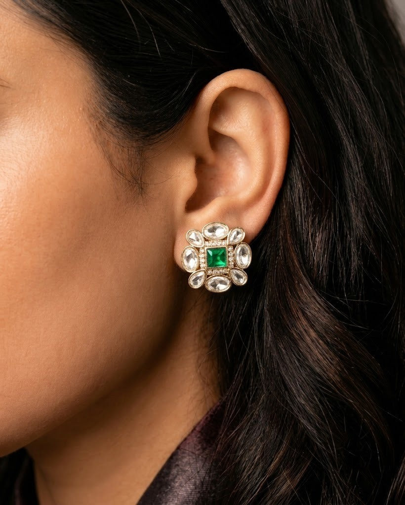 Aarvika Floral Kundan Mossaonite Stud Earrings