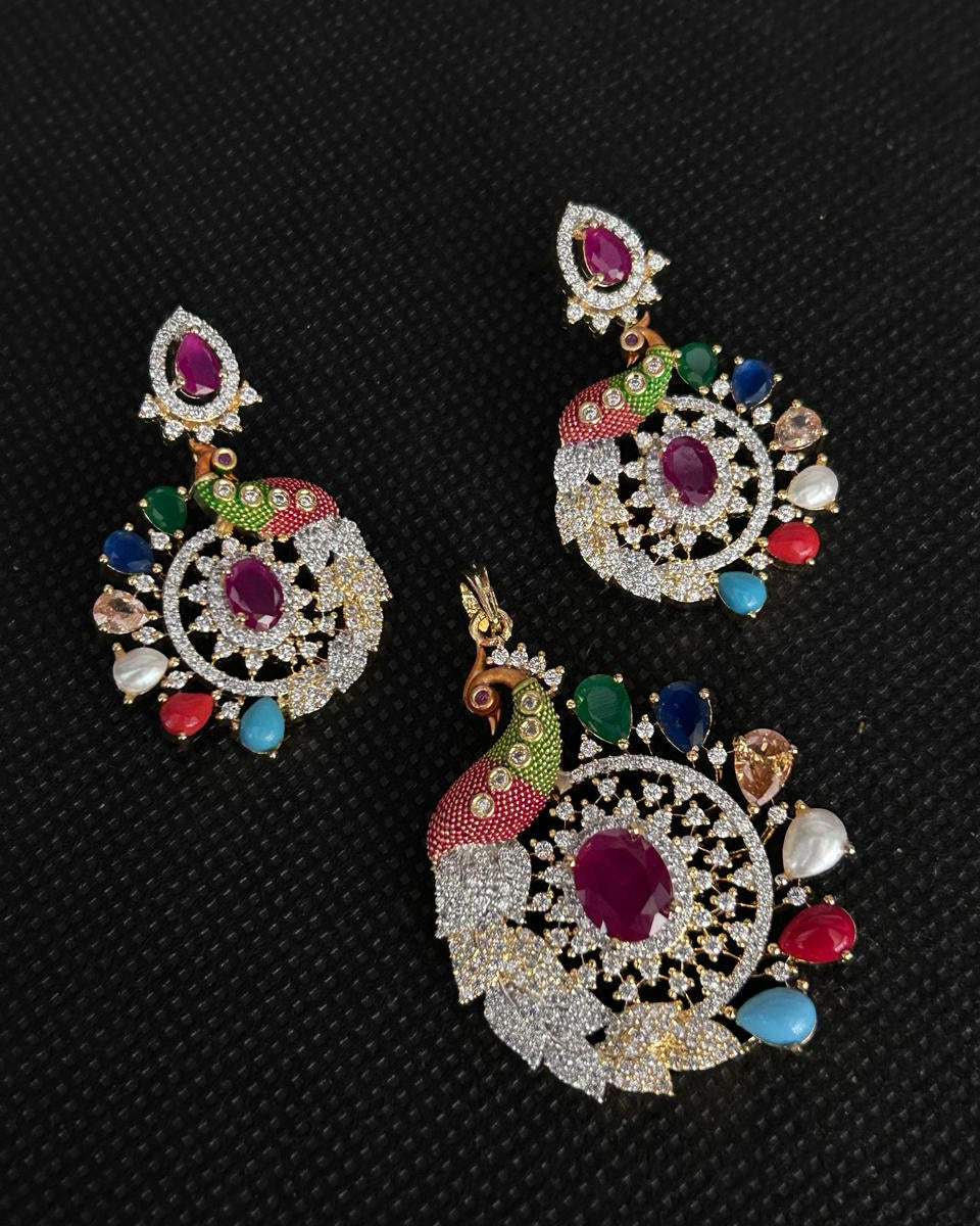 Mayurika Multicolour Peacock Pendant Set