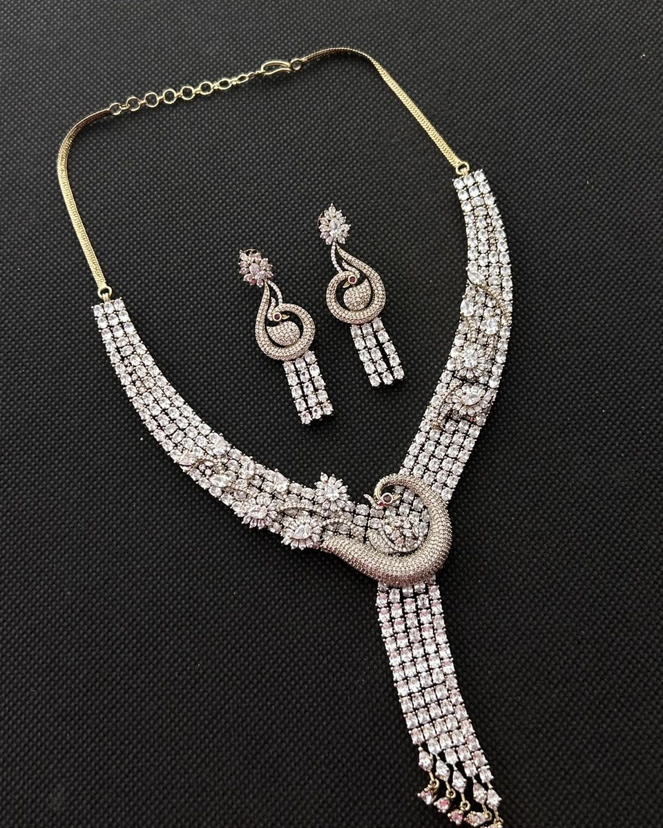 Mayurika Peacock Cascade Diamond-Look Necklace Set