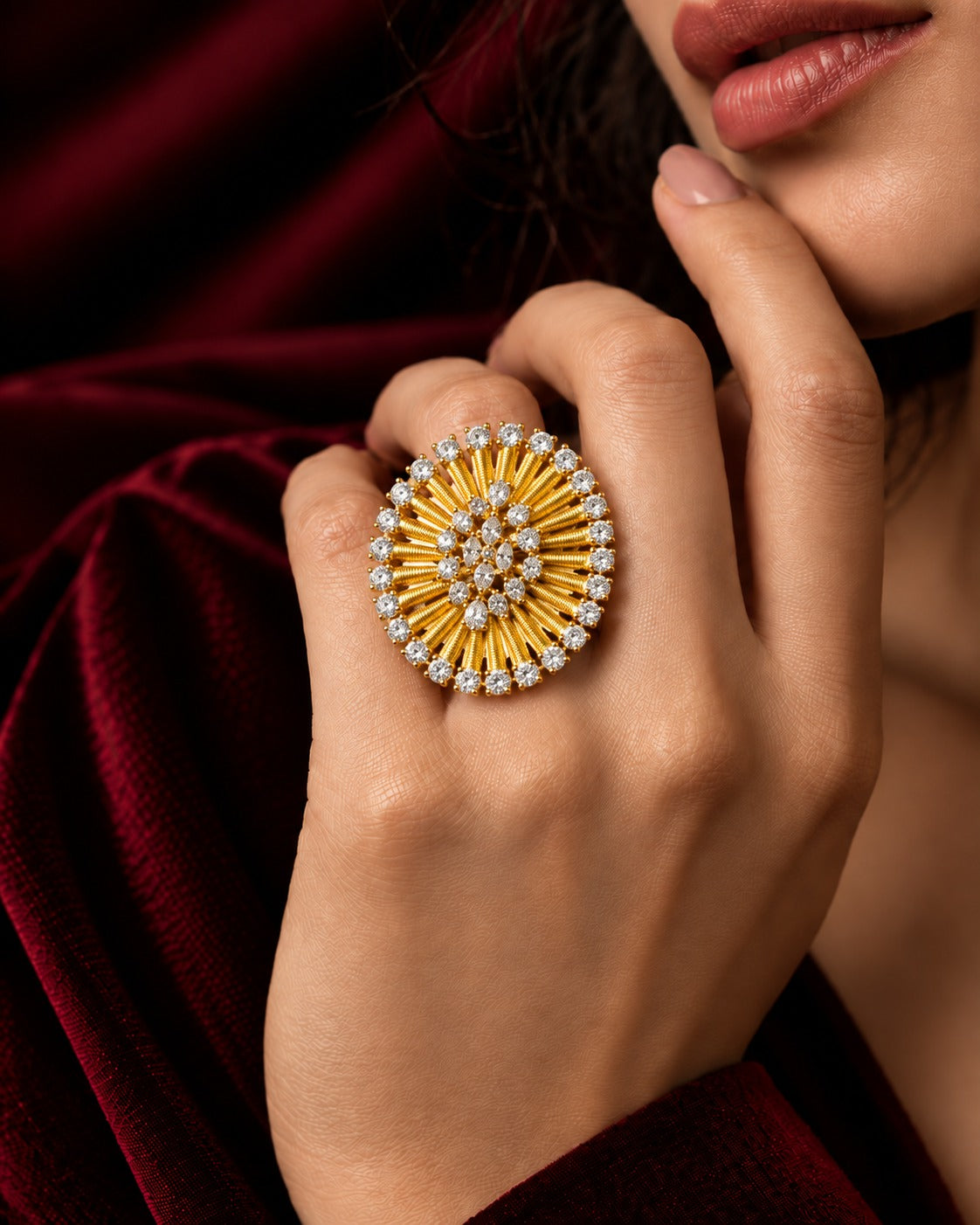 Adjustable Gold Sunburst Crystal Statement Ring