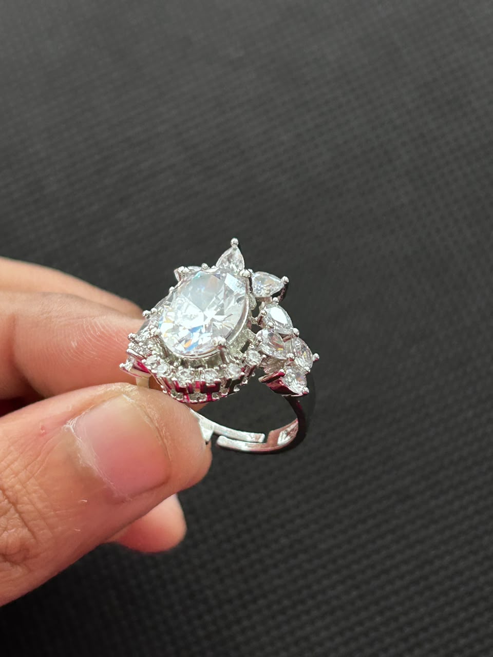 Adjustable Oval Crystal Halo Statement Ring – Gold & Silver