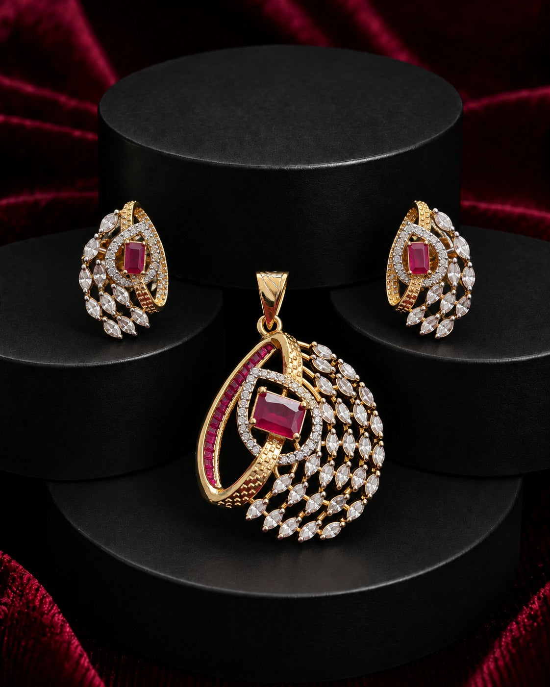 Ruby Red Crystal Pendant Set with Matching Earrings