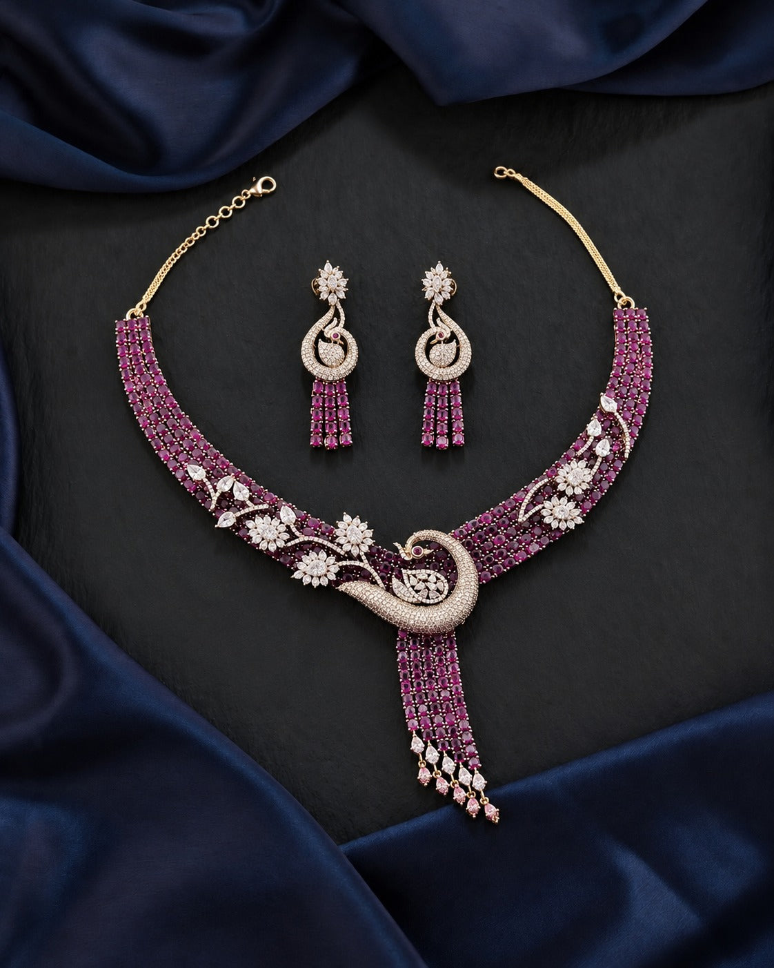 Mayurika Peacock Cascade Diamond-Look Necklace Set