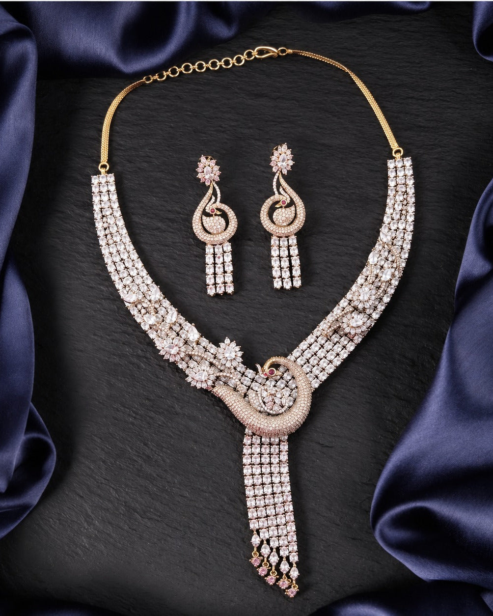 Mayurika Peacock Cascade Diamond-Look Necklace Set